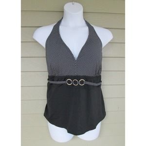 Inches Off Womens Black & White Polka Dot Halter Tankini Swimsuit Top 24 24W